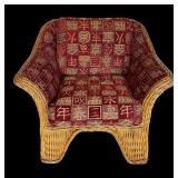 Woven Rattan Armchair with Asian Style Upholstery