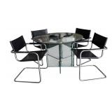 Modern Glass Round Dining Table with 4 Black Metal Chairs