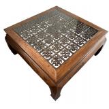 Wood and Metal Square Coffee Table with Inlay from an Antique Screen from a Temple in Shanghai