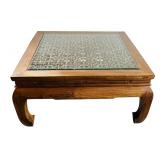 Wood and Metal Square Coffee Table with Inlay from an Antique Screen from a Temple in Shanghai