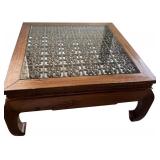 Wood and Metal Square Coffee Table with Inlay from an Antique Screen from a Temple in Shanghai
