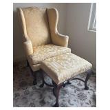 Wingback Armchair with Matching Ottoman and Carved Wood Legs