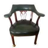 Pair of Leathercraft Kirkwood Accent Chairs / Pair of Leathercraft Green Leather Captains Chairs with Wood Frame