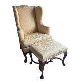 Wingback Armchair with Matching Ottoman and Carved Wood Legs