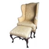 Wingback Armchair with Matching Ottoman and Carved Wood Legs