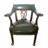 Pair of Leathercraft Kirkwood Accent Chairs / Pair of Leathercraft Green Leather Captains Chairs with Wood Frame
