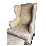 Wingback Armchair with Matching Ottoman and Carved Wood Legs