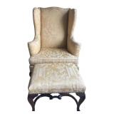 Wingback Armchair with Matching Ottoman and Carved Wood Legs