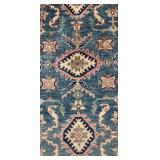 Handwoven Oriental Rug with Blue and Ivory Pattern