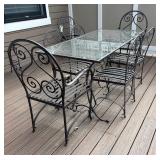 Glass Top Patio Dining Table with 6 Wrought Iron Chairs