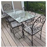Glass Top Patio Dining Table with 6 Wrought Iron Chairs