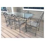Glass Top Patio Dining Table with 6 Wrought Iron Chairs