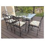 Glass Top Patio Dining Table with 6 Wrought Iron Chairs