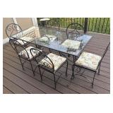 Glass Top Patio Dining Table with 6 Wrought Iron Chairs