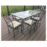 Glass Top Patio Dining Table with 6 Wrought Iron Chairs