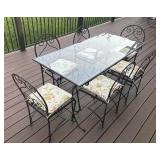 Glass Top Patio Dining Table with 6 Wrought Iron Chairs