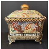 Vintage Satsuma Style Lidded Porcelain Box with Ornate Feet