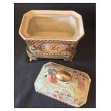 Vintage Satsuma Style Lidded Porcelain Box with Ornate Feet