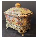 Vintage Satsuma Style Lidded Porcelain Box with Ornate Feet