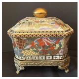 Vintage Satsuma Style Lidded Porcelain Box with Ornate Feet