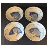 Set of 4 Vintage 9 Inch Chinese Fish Motif Rice Bowls