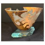 Kristal Etch Art Deco Style Glass Vase, 4.5 Inch Tall, Signed