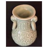 Celadon Glazed Vase with Relief Floral Design and Ring Handles