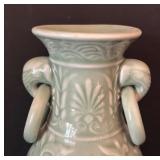 Celadon Glazed Vase with Relief Floral Design and Ring Handles