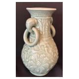 Celadon Glazed Vase with Relief Floral Design and Ring Handles