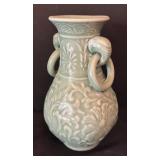 Celadon Glazed Vase with Relief Floral Design and Ring Handles