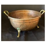 Vintage Copper Colander with Brass Handles and Feet