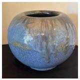 Round Glazed Ceramic Vase 6 Inch Tall Blue with Drip Pattern
