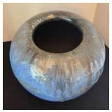 Round Glazed Ceramic Vase 6 Inch Tall Blue with Drip Pattern