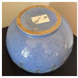 Round Glazed Ceramic Vase 6 Inch Tall Blue with Drip Pattern