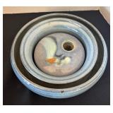 Pretty Two Piece Pottery Console Style Floral Vase / Pottery Floral Frog