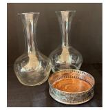 Pair of 8-Inch Glass Decanters with Ornate Metal Wine Holder