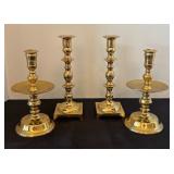 Set of 4 Brass Candlestick Holders with Round and Square Bases