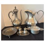 Vintage Pewter Serving Set with Pitcher, Coffee Pot, and Accessories