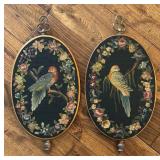Set of 2 Vintage Oval Embroidered Bird Wall Hangings