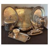 Collection of Vintage Silverplate Serving Pieces Including Trays, Pitchers, and Covered Dishes