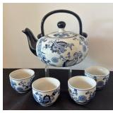 Pier 1 Blue and White Porcelain Teapot with 4 Matching Cups