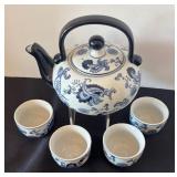 Pier 1 Blue and White Porcelain Teapot with 4 Matching Cups