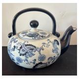 Pier 1 Blue and White Porcelain Teapot with 4 Matching Cups