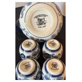 Pier 1 Blue and White Porcelain Teapot with 4 Matching Cups