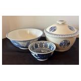 Set of 3 Blue and White Ceramic Bowls with Asian Motifs
