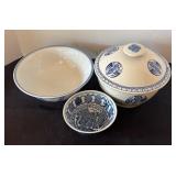 Set of 3 Blue and White Ceramic Bowls with Asian Motifs