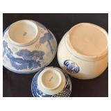 Set of 3 Blue and White Ceramic Bowls with Asian Motifs