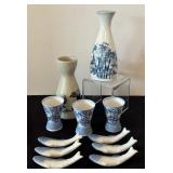 Sake Set with 2 Saki Bottles, 3 Cups, and 6 Fish Chopstick Rests