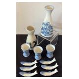 Sake Set with 2 Saki Bottles, 3 Cups, and 6 Fish Chopstick Rests
