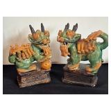 Pair of Vintage Chinese Sancai Style Foo Dog Ceramic Figurines / Pair of Chinese Glazed Ceramic Dragon Roof Tiles